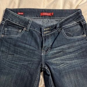 Vigold stretch dark wash white thread 5 pocket double button low rise boot cut 9